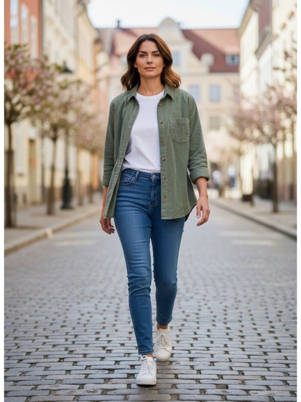 Jachs Girlfriend Olive Green Button-Up Corduroy Womens M Cotton Long Sleeve